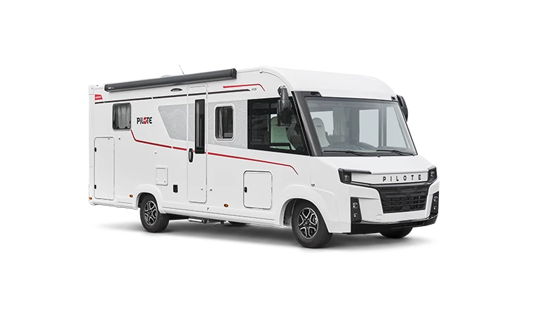 Camping-car intégral Pilote blanc avec face avant moderne et lignes graphiques rouges sur fond blanc